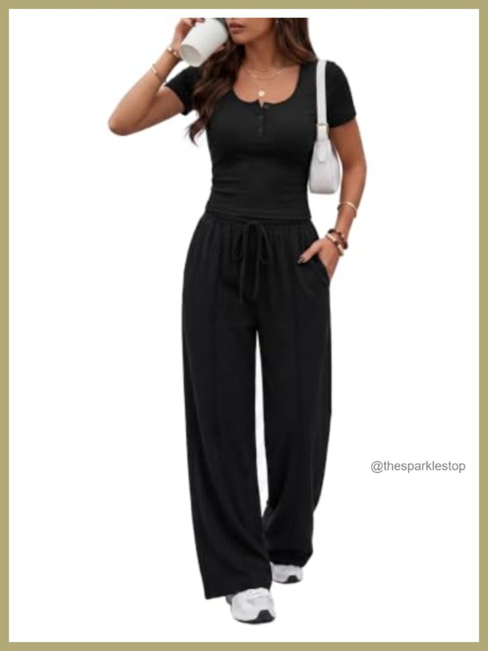 Women's 2 Piece Matching Lounge Set Rayon Spandex Henley Top Wide Leg Pants